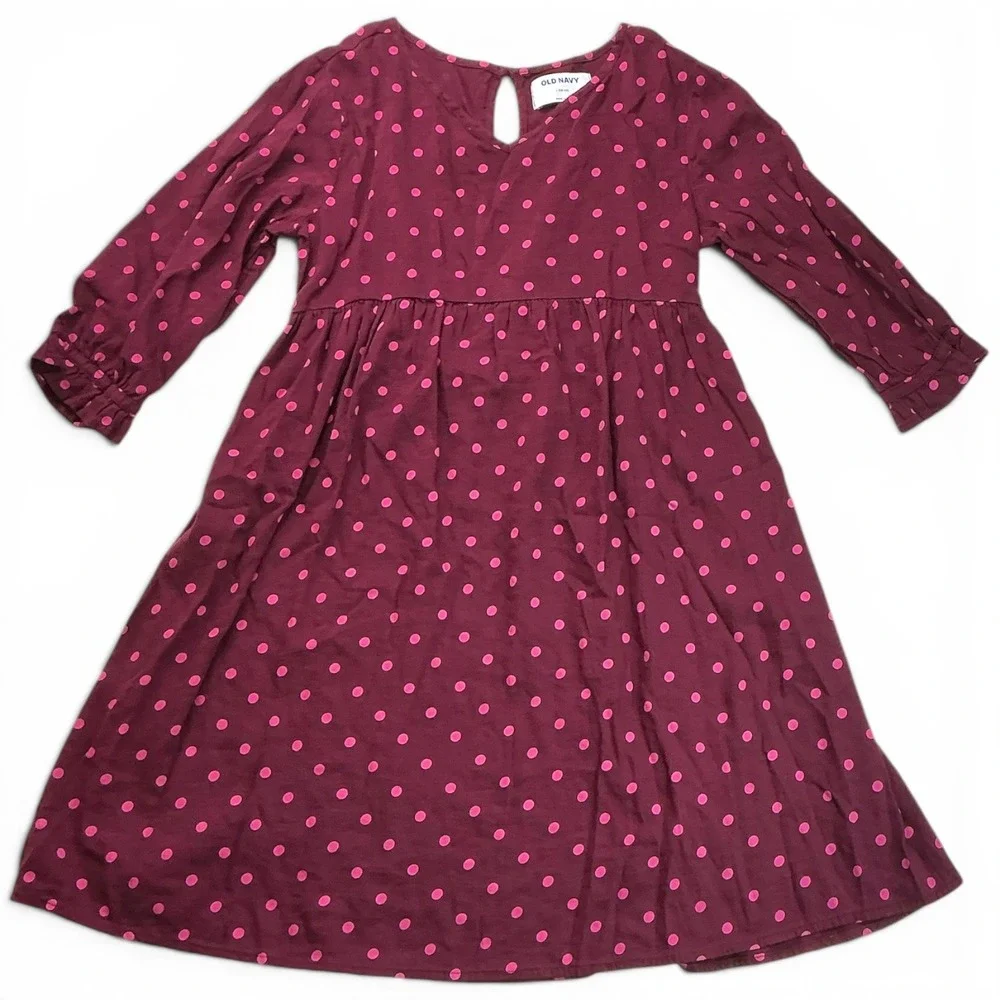 Old Navy Wine Pink Polka Dot Dress Girls Size L 10-12 Empire Waist Ruffle Cuff